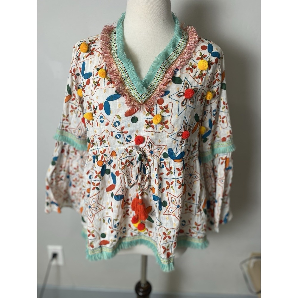 Bohemian People by Barok Boho Women's Blouse M/L Fringed Shirt Top NWT